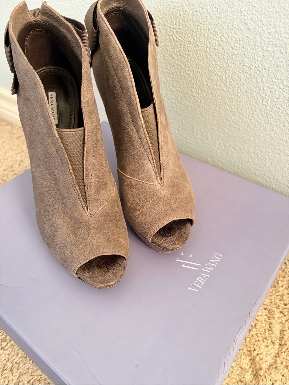 Vera Wang Taupe Suede Peep-Toe Ankle Booties